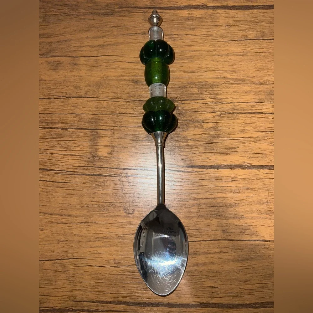 Vintage Pottery Barn Y2K Long Green Beaded Serving Spoon and Fork Set No Box